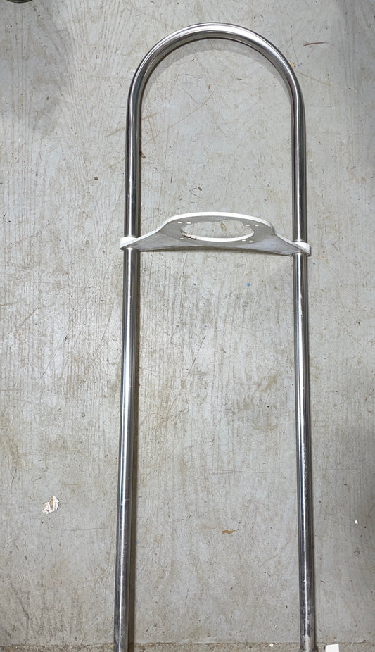 A stainless steel pedestal guard with a top plate designed for a sailboat, showing the guardrails and the mounting plate but missing the other foot.