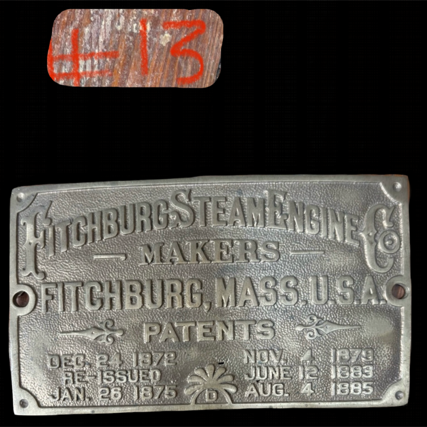 Fitchburg Steam Engine Makers Builders Plate