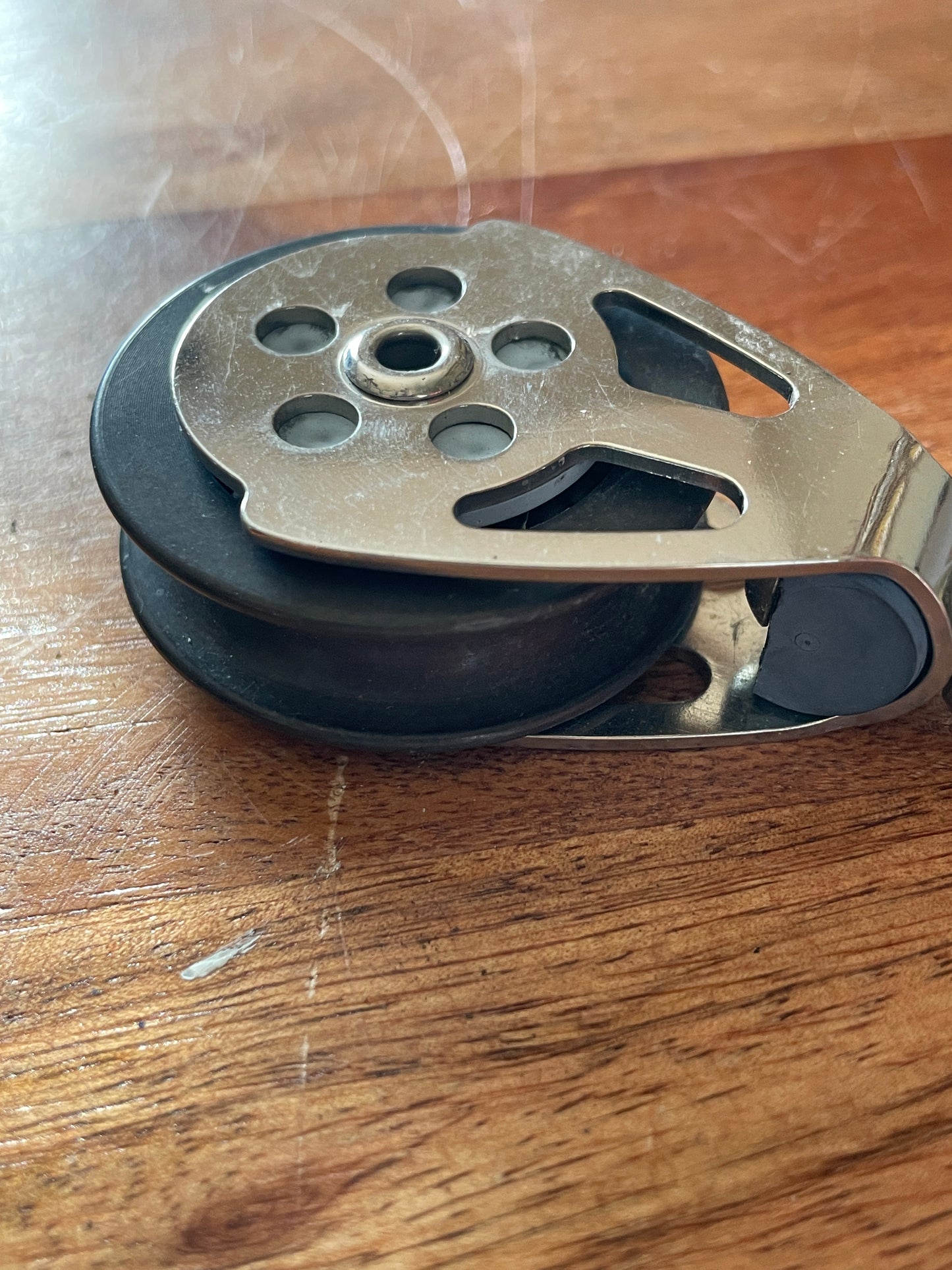 Small stainless 1 3/4” Single Swivel Sheave Block- 5/16” Line