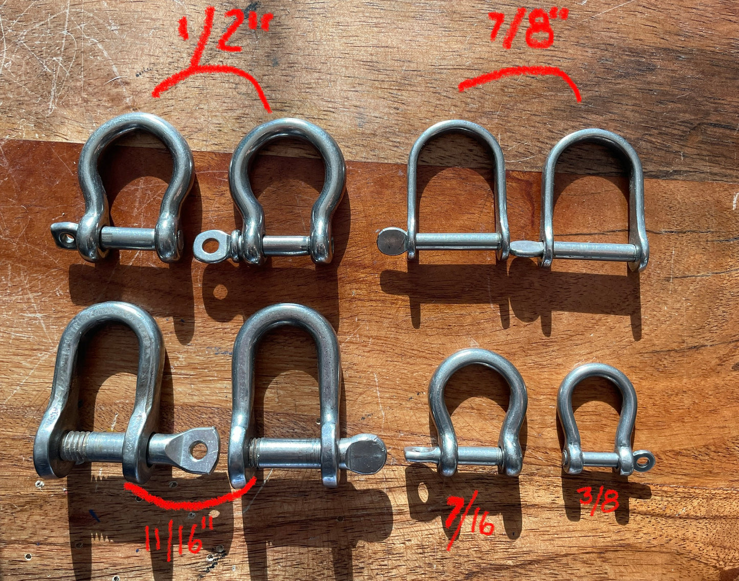 LOT OF 8 Stainless Steel Shackles - 3/8” TO 7/8” Widths