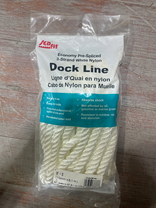 Seafit 3/8” x 20’ 3 Strand White Nylon Dock Line NEW