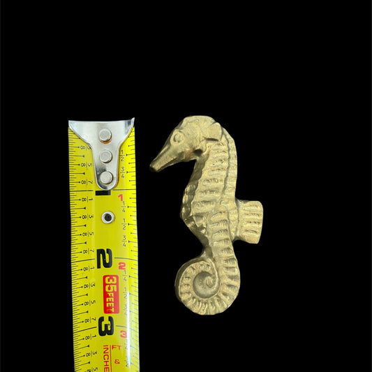 Gold seahorse decorative item next to a measuring tape on a black background