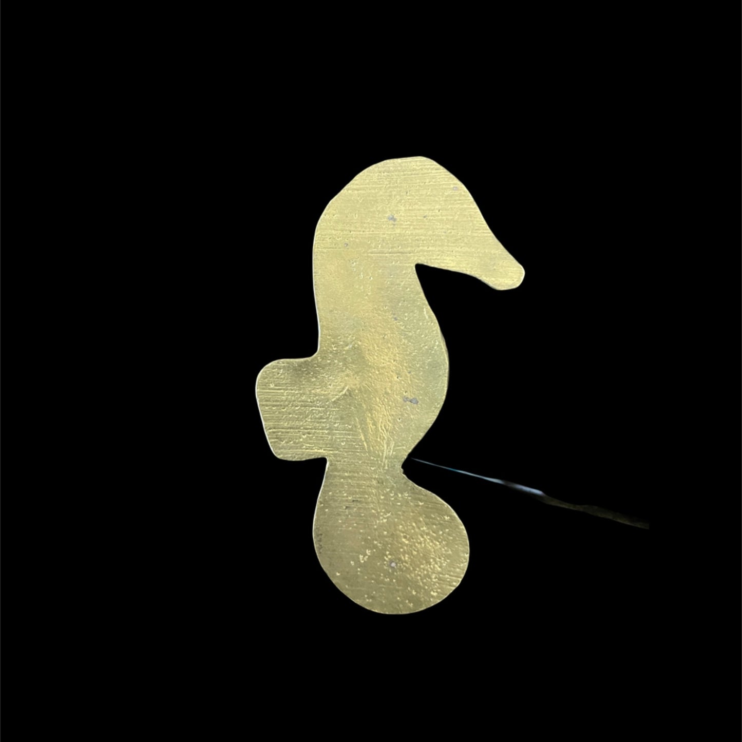 Gold seahorse-shaped object on a black background
