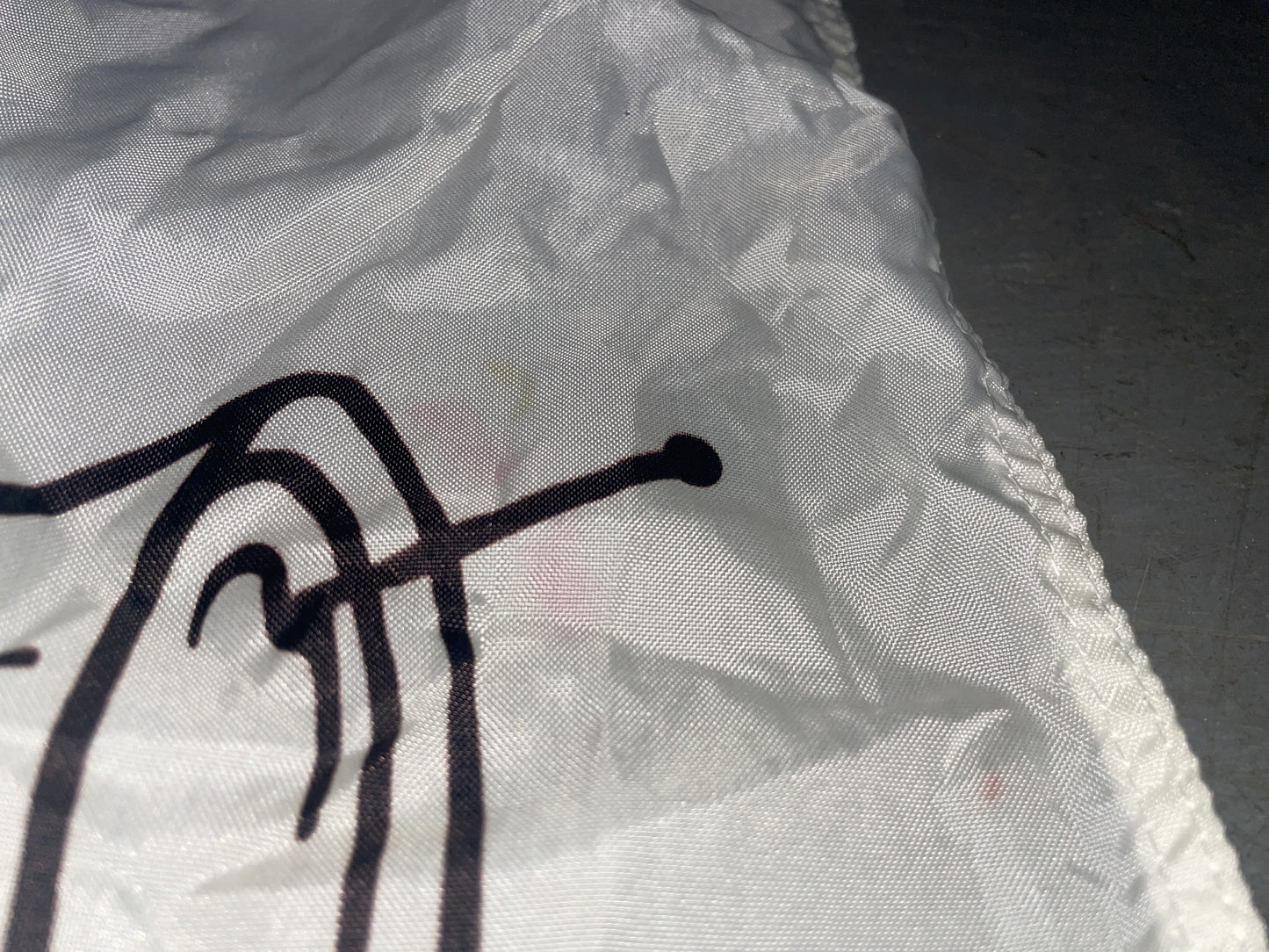 Close-up of a white mesh screen with black hooks on a dark background