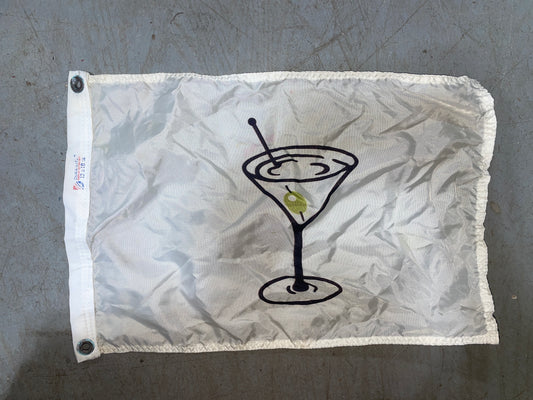 White fabric pouch with a black cocktail glass design on a gray background