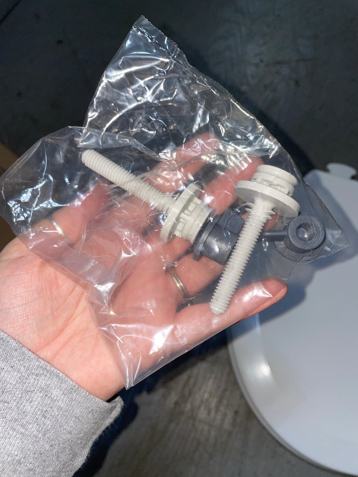 Hand holding a plastic bag with two metal bolts against a blurred background