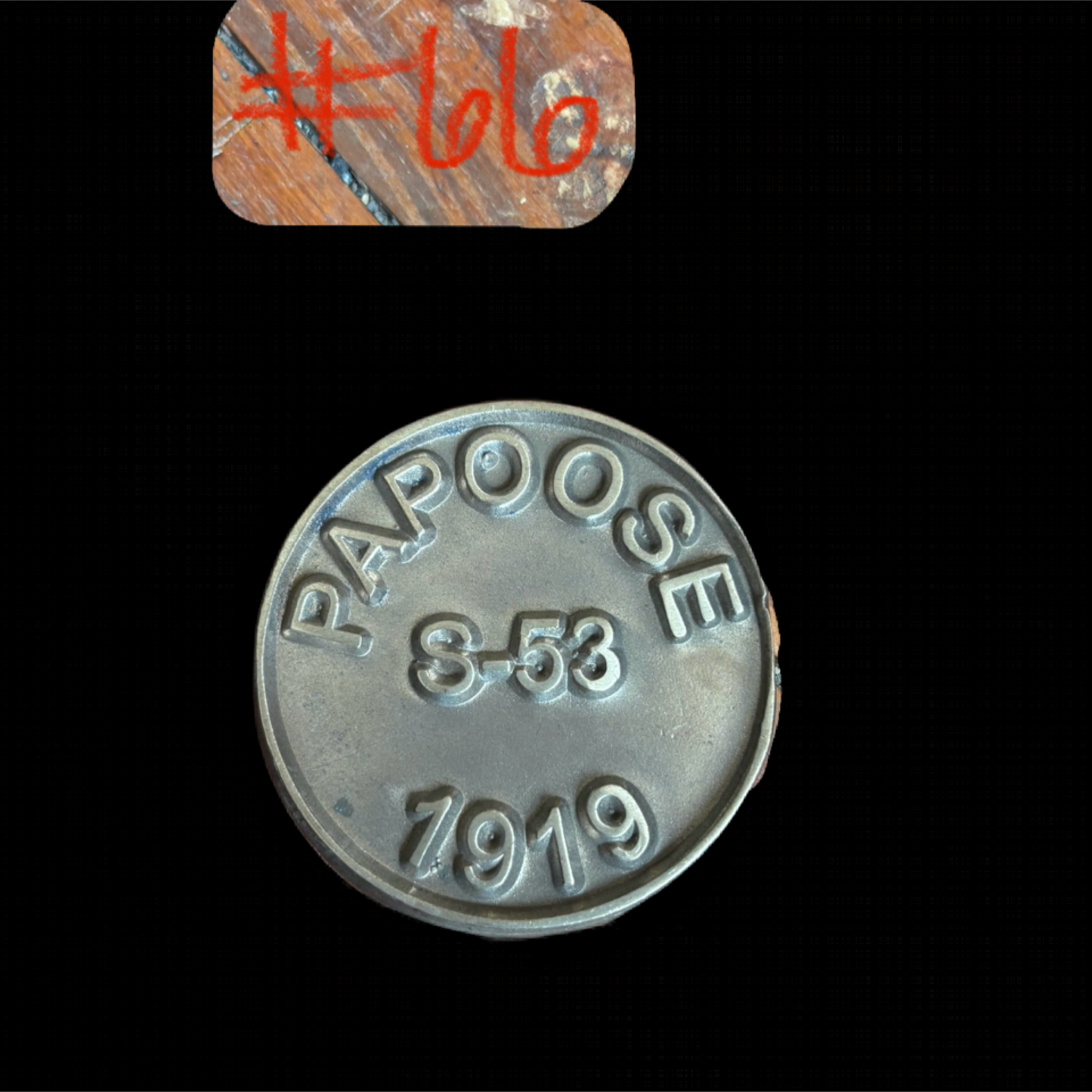 Metallic coin with 'PAPOOSE' and '1919' text on a black background