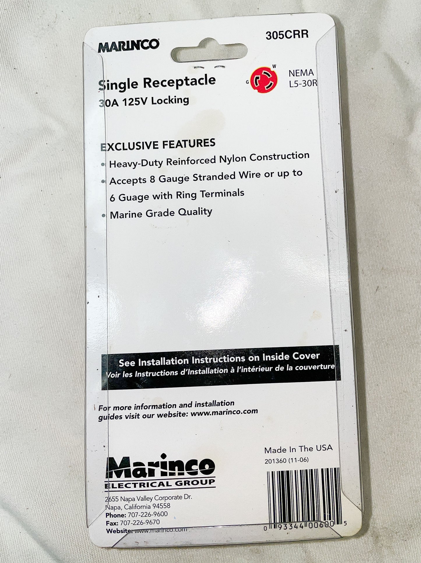 Marinco 30A/125V Shore Power Locking Receptacale