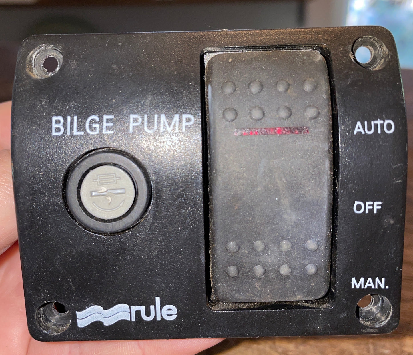 Bilge Pump Control Switch with 'AUTO', 'OFF', 'MAN.' positions and a button labeled 'BILGE PUMP'.