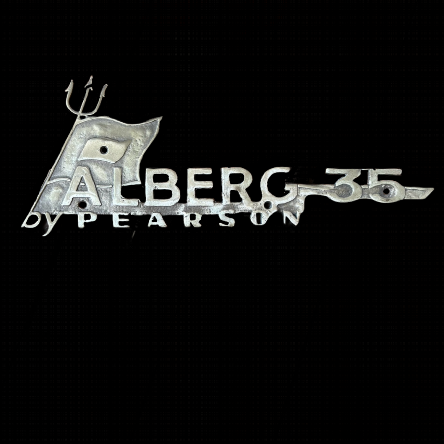 Vintage car emblem with 'Alberg 35 by Pearson' text on a black background