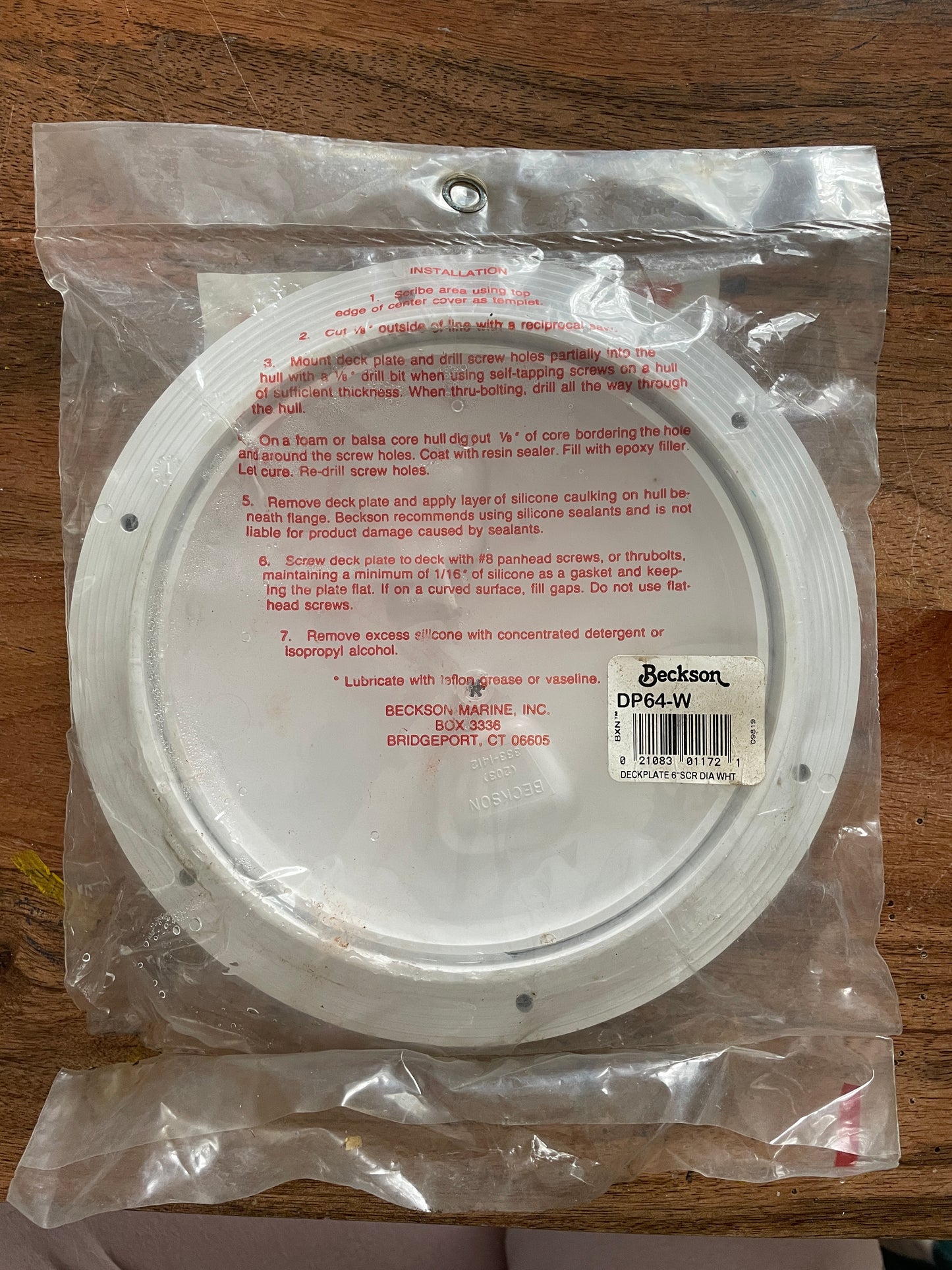 Beckson 6” Screw Out Plastic Deck Plate - NEW