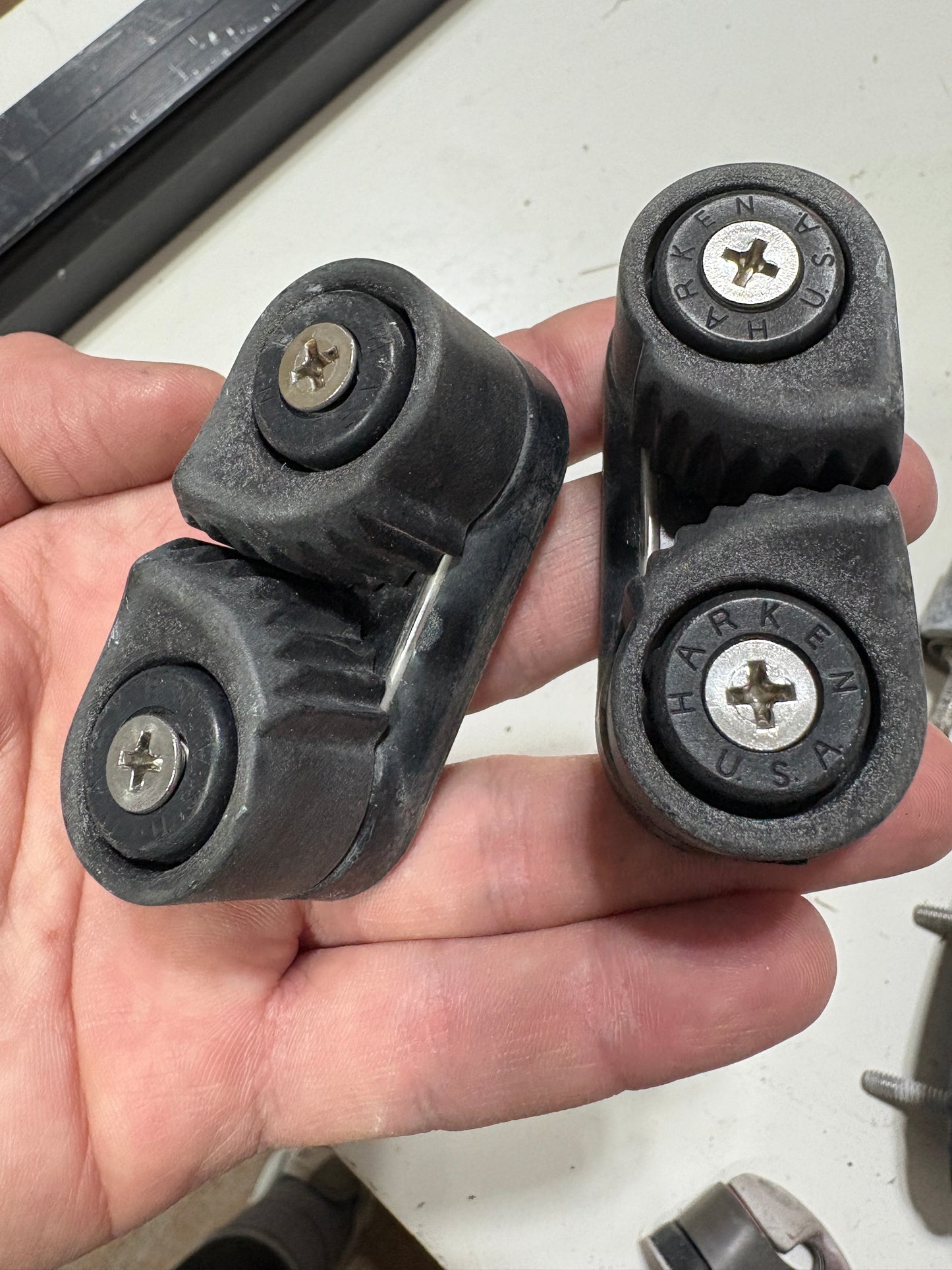 Traveler and Deck Hardware from J29, all Harken Parts - Cam Cleats & Blocks