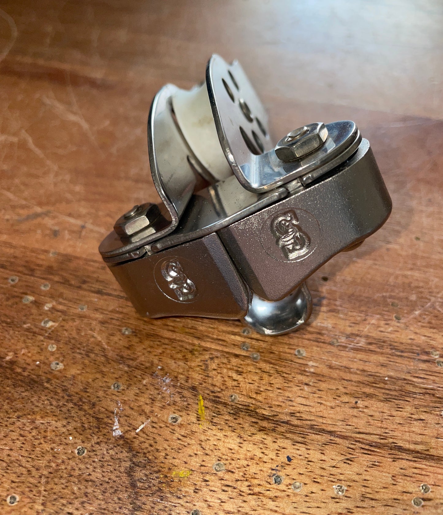 Small Schaefer 1” Sheave - 5/16” Line Single Block With Cam Cleat - 1/4” Wire