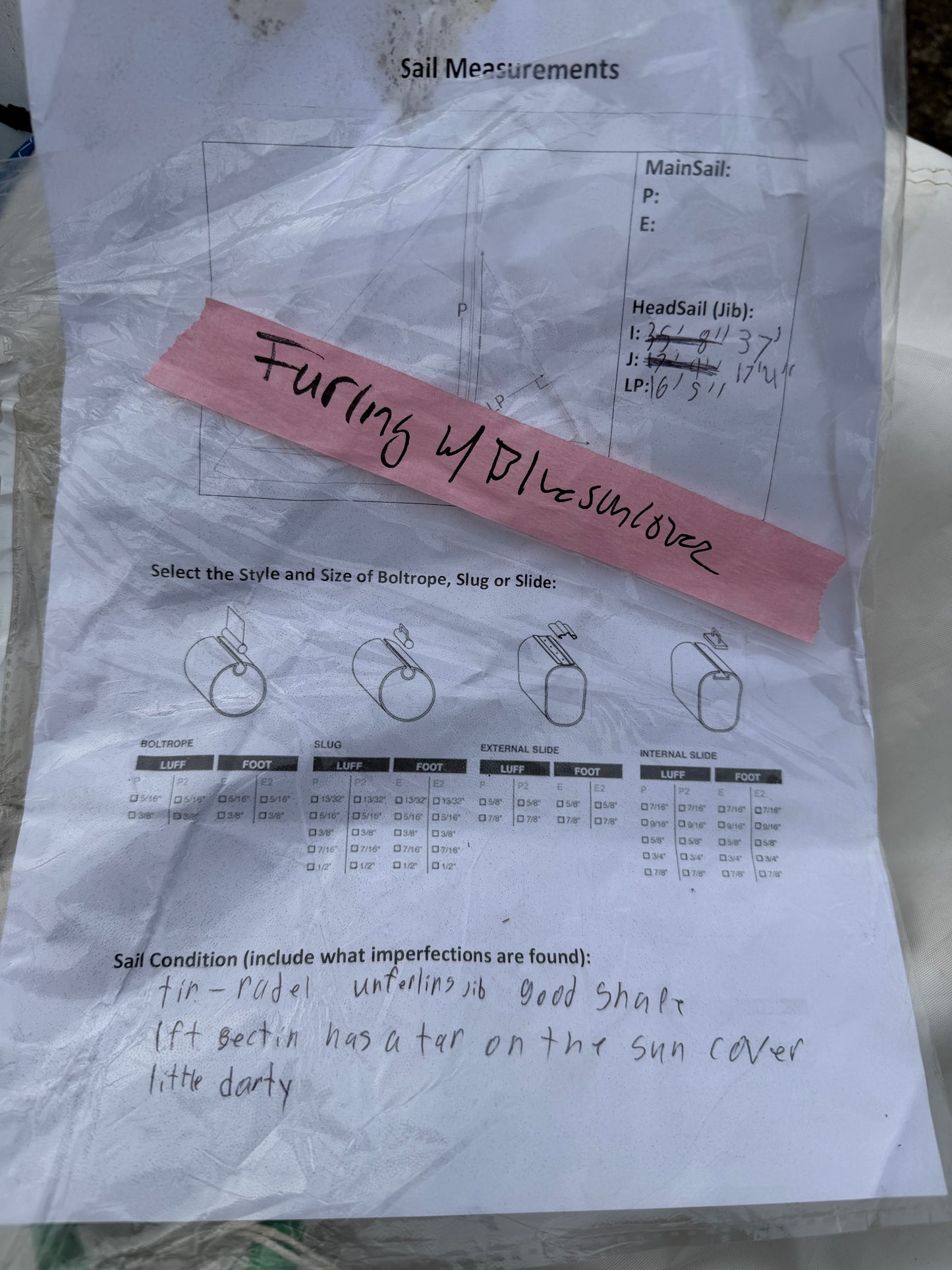 Roller Furling Genoa Sail - 37' x 17'4" x 16'5" - AS IS CONDITION