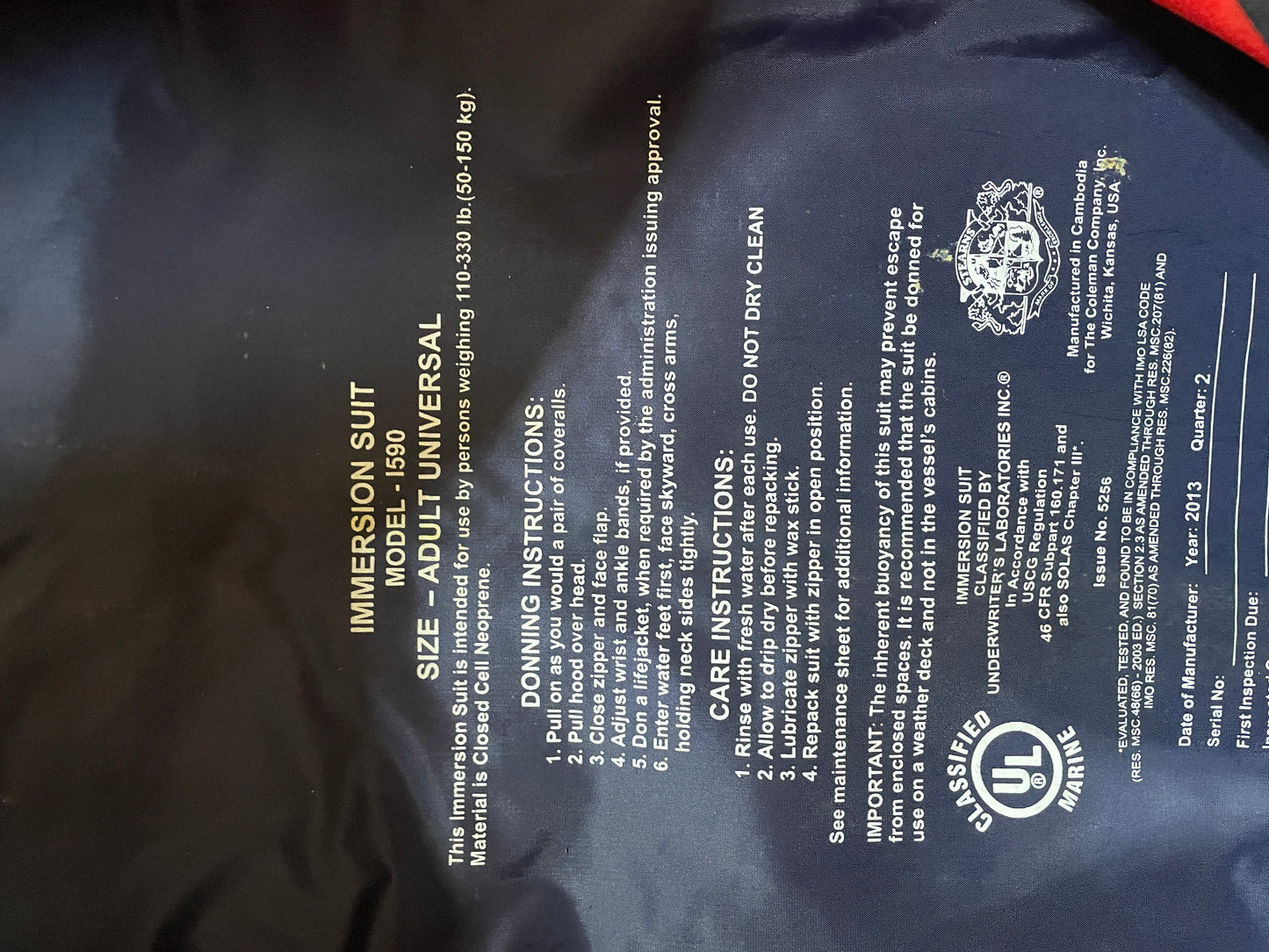 Stearns Immersion Suit MODEL L98 - Size Adult Universal 110LB - 330LB
