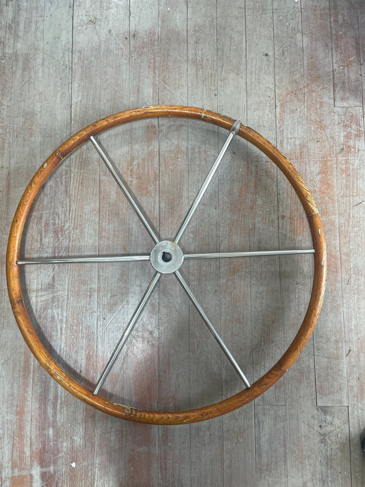 Beautiful 32.5” Teak & Stainless Steel MERRIMAN PEDESTAL Wheel With 1” Keyed Shaft
