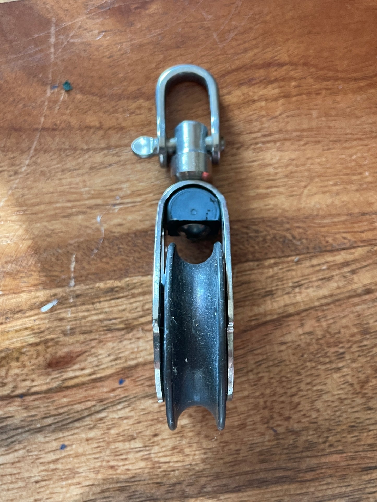 Small stainless 1 3/4” Single Swivel Sheave Block- 5/16” Line