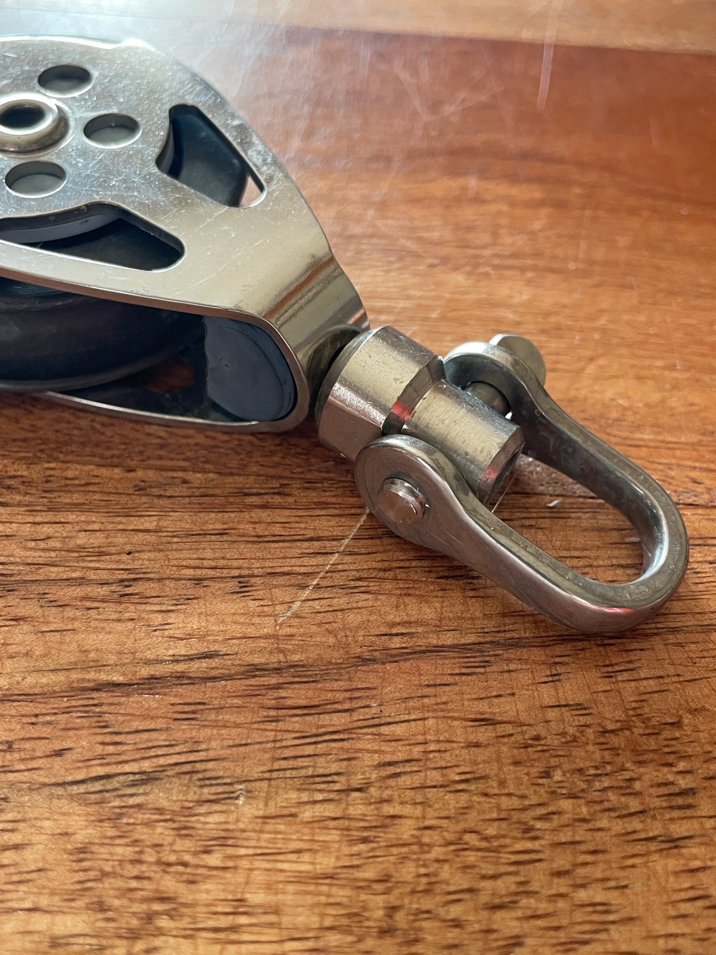 Small stainless 1 3/4” Single Swivel Sheave Block- 5/16” Line