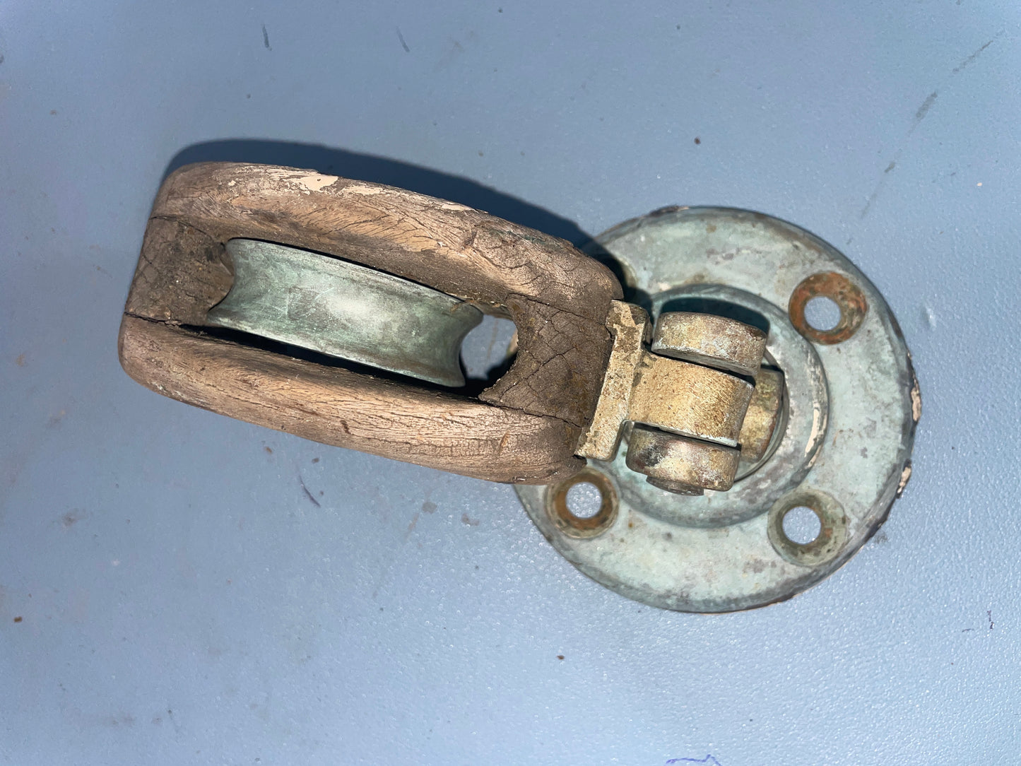 Vintage Wooden & Bronze Merriman Swivel Base Block - 1/2" Line - 1934 Eisenhower 50'