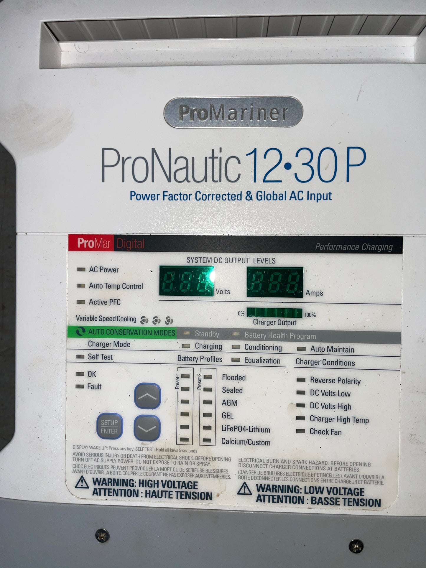 ProNautic 12-30P power system control panel with digital display and labels.