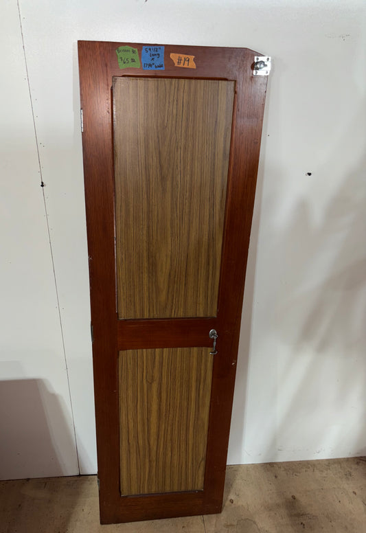 Wooden door with a glass panel on a white background