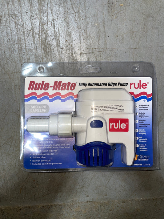 Rule-Mate fully automated bilge pump in packaging on a textured surface