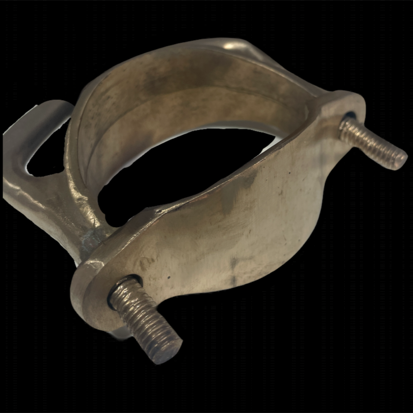 Metal clamp with two bolts on a black background