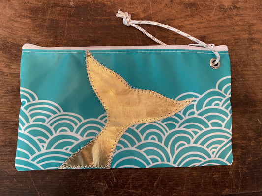 Sea Bags Maine Gold Mermaid Tail With Waves Aqua Large Wristlet